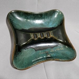 Vintage MCM Turquoise Drip Glaze Ceramic Ashtray Square Signed